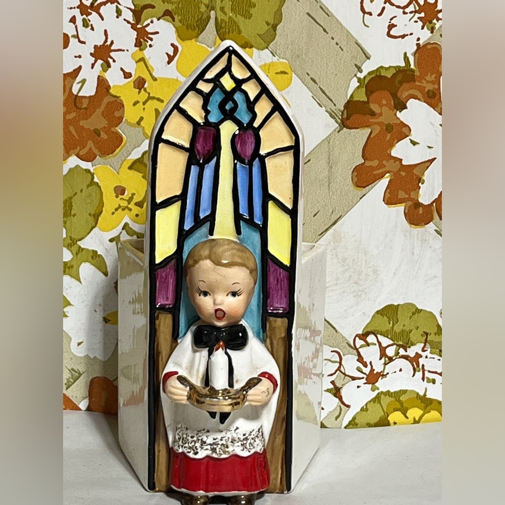 Vintage Napco Boy Caroler  Stained Glass Planter 1959